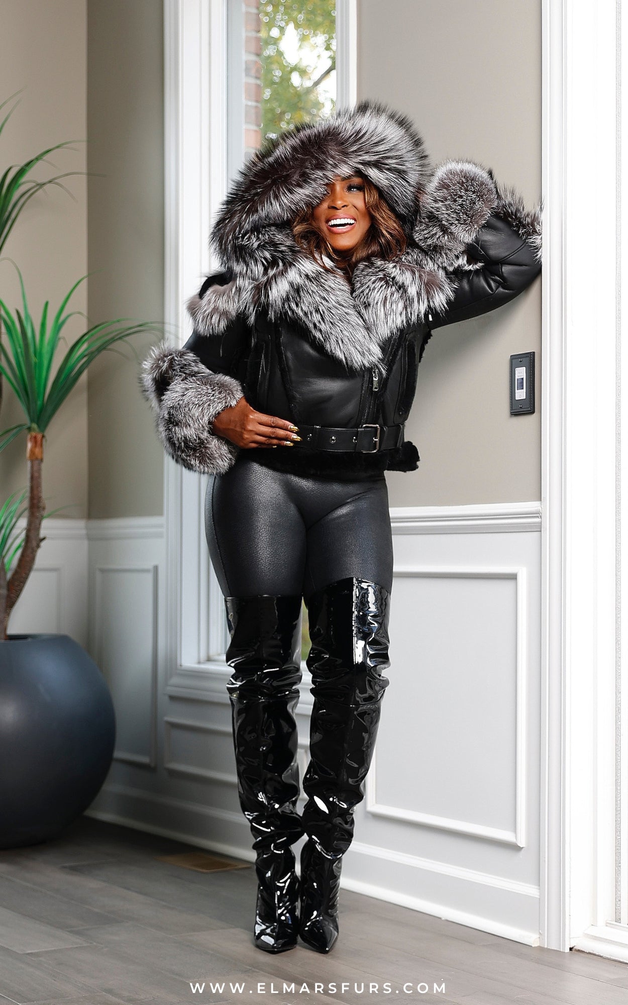 Black Natural Leather Jacket with Detachable Fox