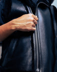 Black Leather Shearling Vest w/ Fox Hood