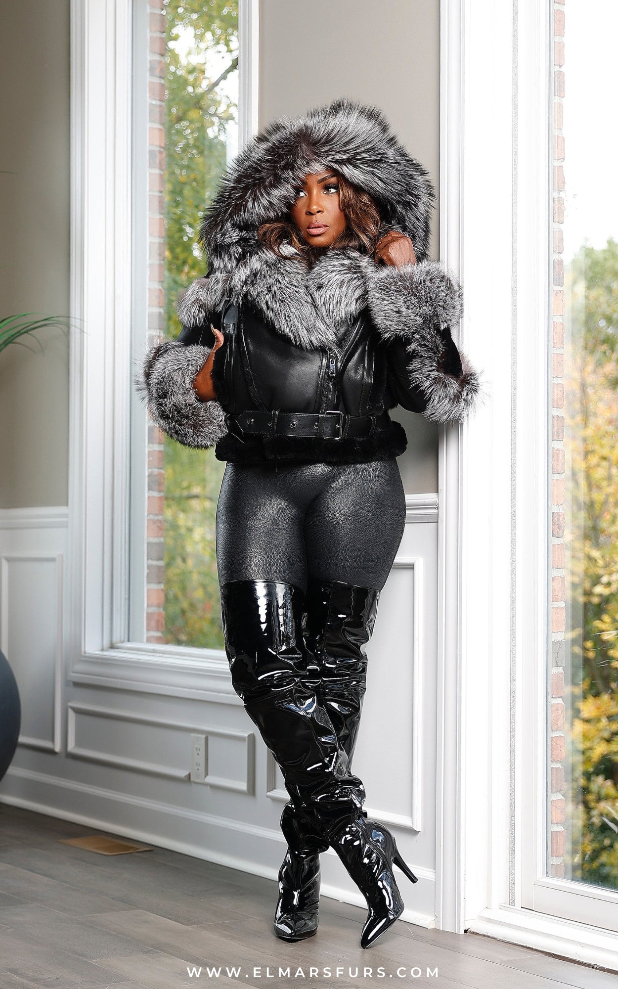 Black Natural Leather Jacket with Detachable Fox