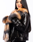 Brown & Crystal Fox Shearling Biker Jacket