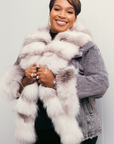 Black Denim Jacket with Fox Tuxedo and Cuff