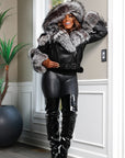 Black Natural Leather Jacket with Detachable Fox