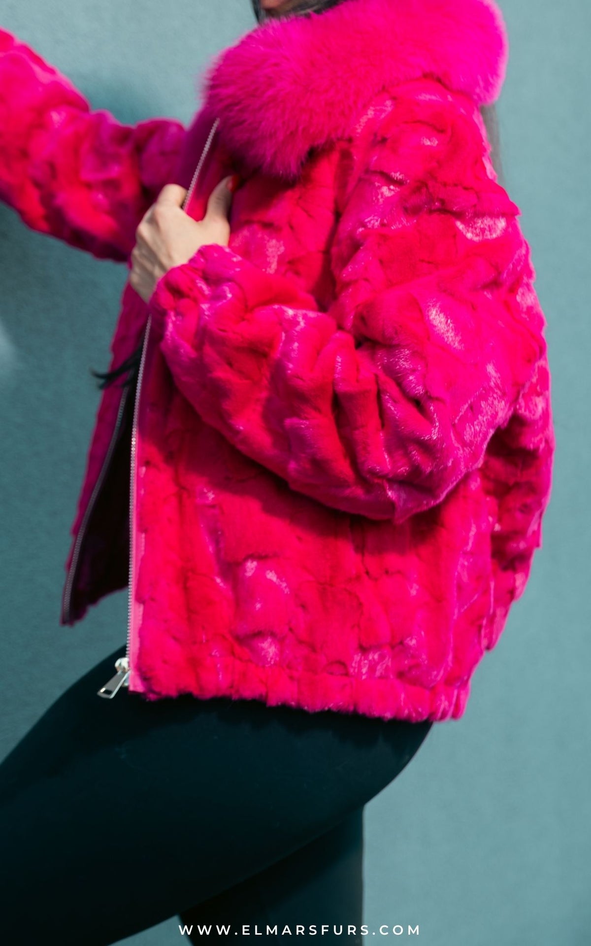 Pink Sculptured Mink Jacket with Fox Collar