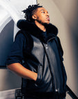 Black Leather Shearling Vest w/ Fox Hood