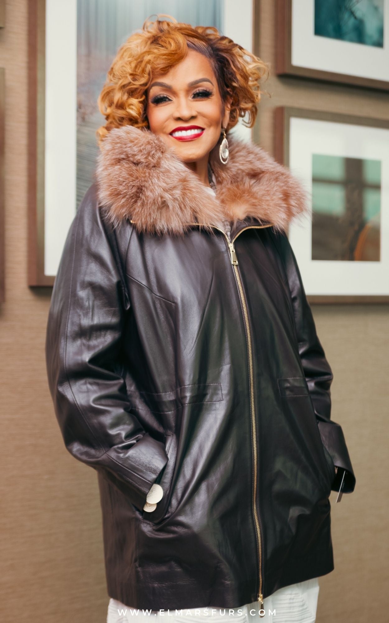 Brown Leather Jacket w/ Crystal Fox