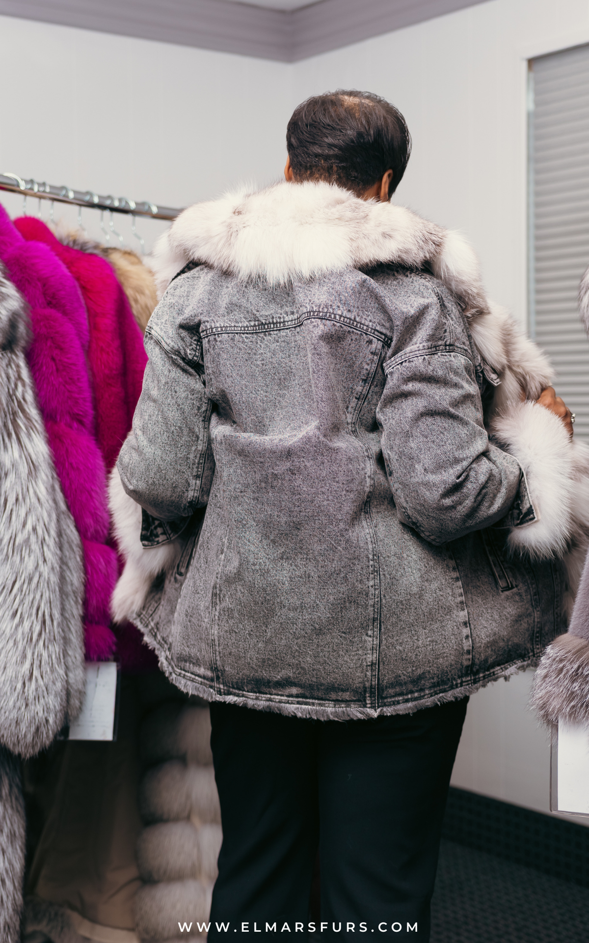 Black Denim Jacket with Fox Tuxedo and Cuff